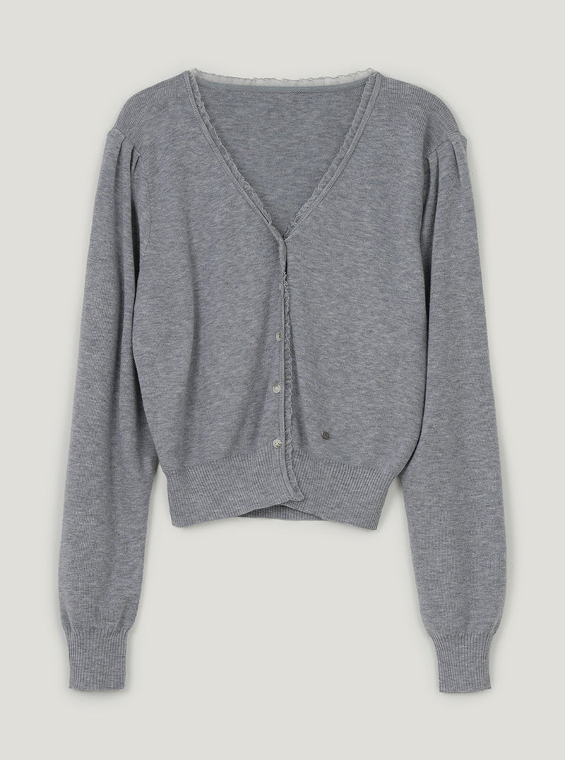 TWEE Derit lace layered V-neck knit long sleeve cardigan | Gray product-only view