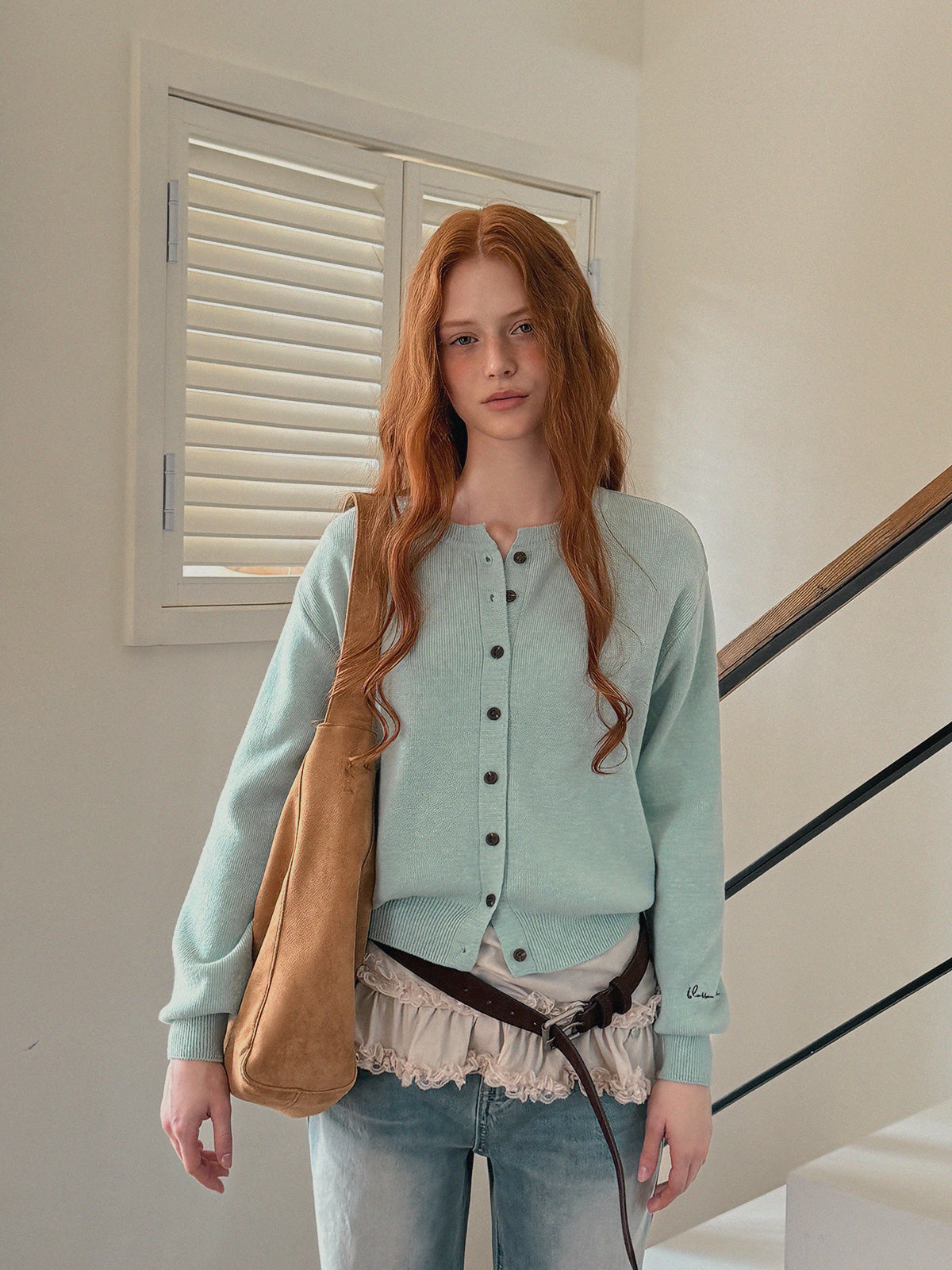 Shorty Embroidered Round Neck Long Sleeve Cardigan