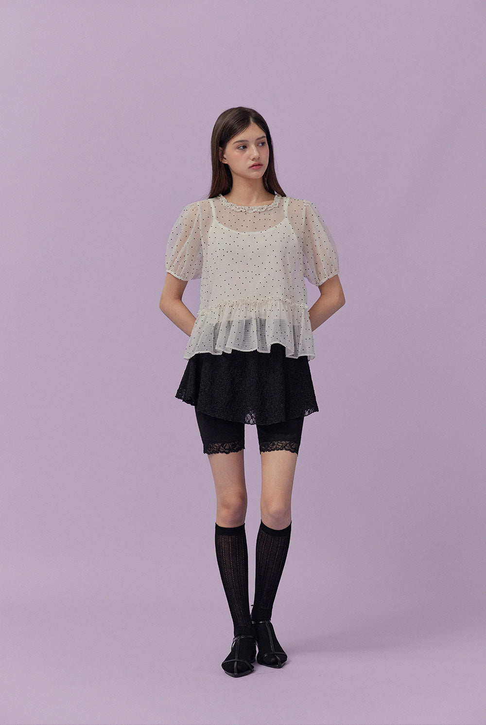 Belle Dot Sheer Flare Sleeve Blouse