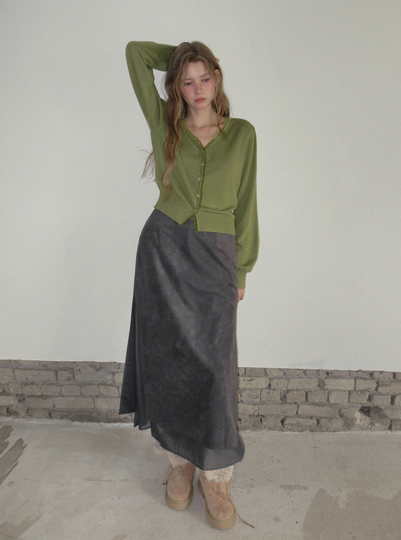 TWEE Derit lace layered V-neck knit long sleeve cardigan | Product styling view 4