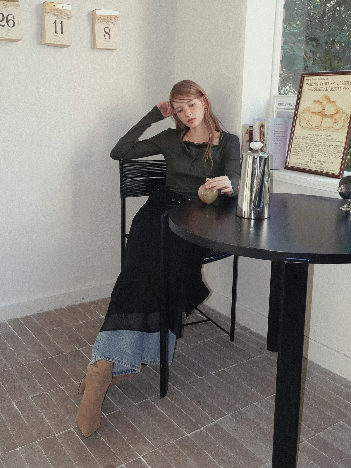 TWEE Benz organza layered suede long skirt | Product styling view 15