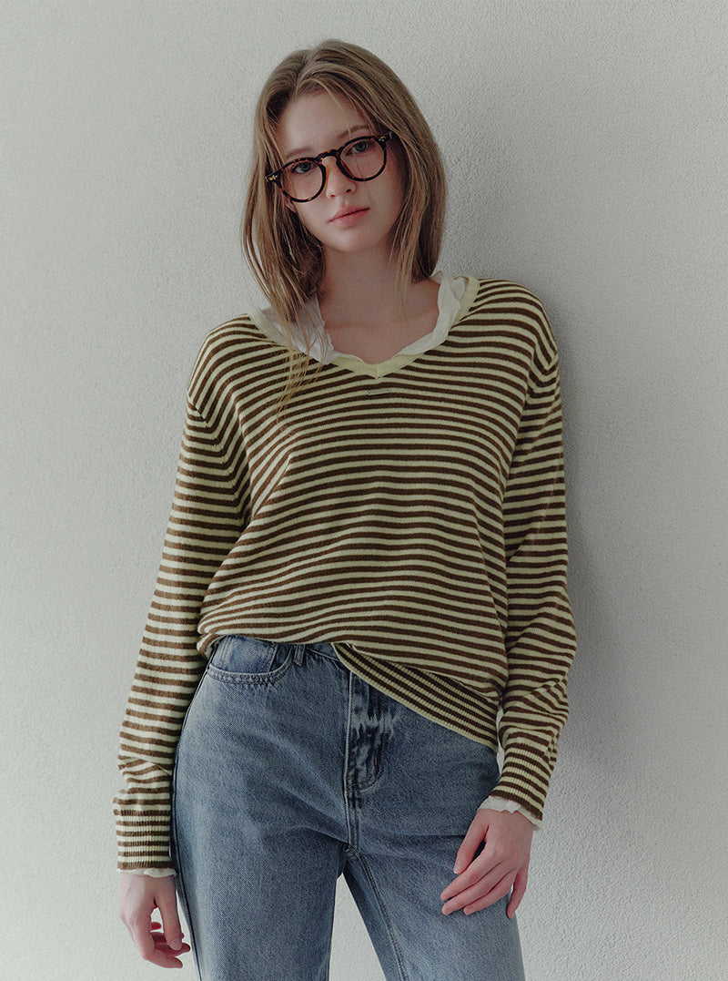 Letter V-neck stripe long sleeve knit | View 3