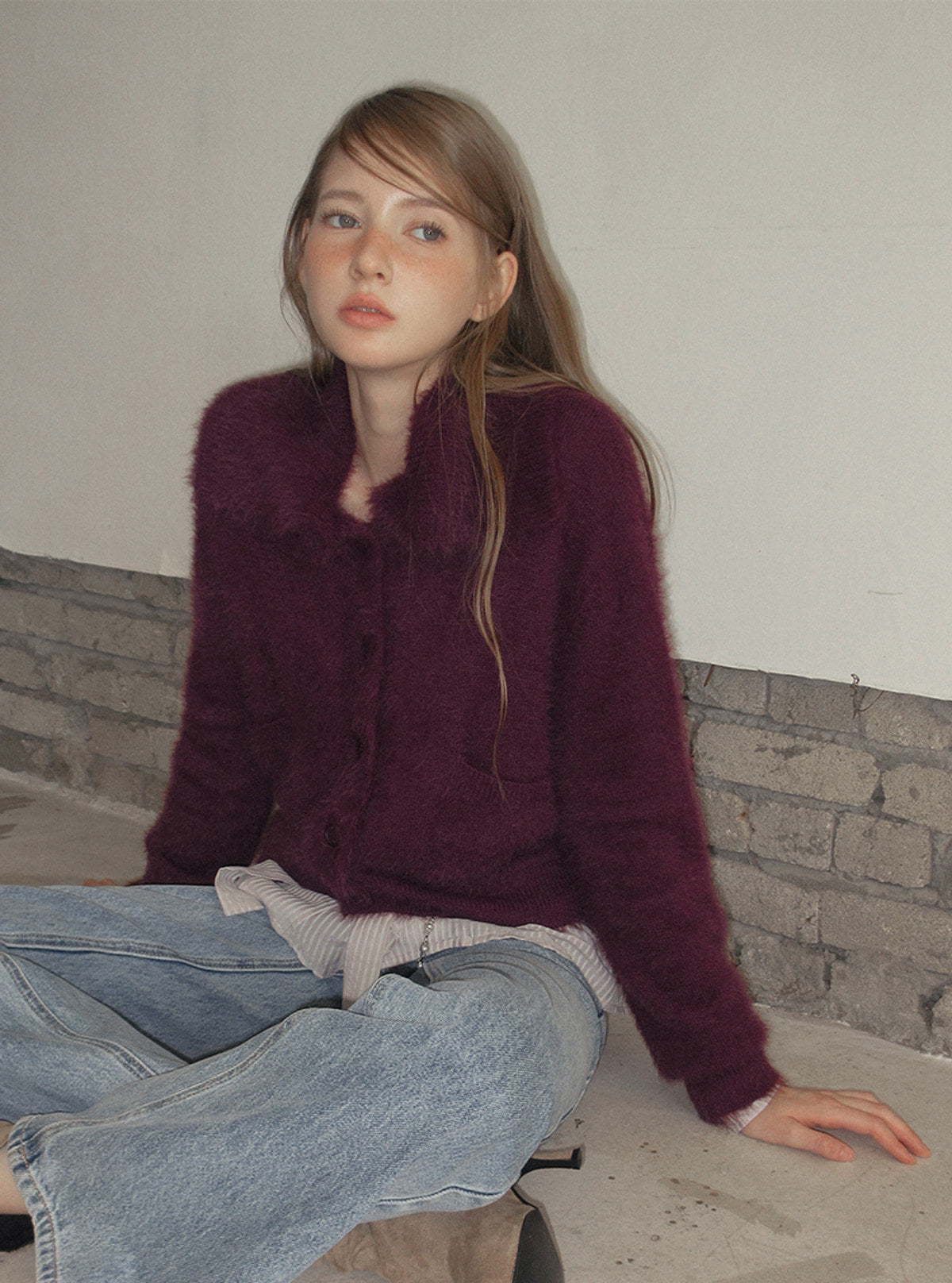 TWEE Sophie brushed collar knit long sleeve cardigan | Product styling view 3