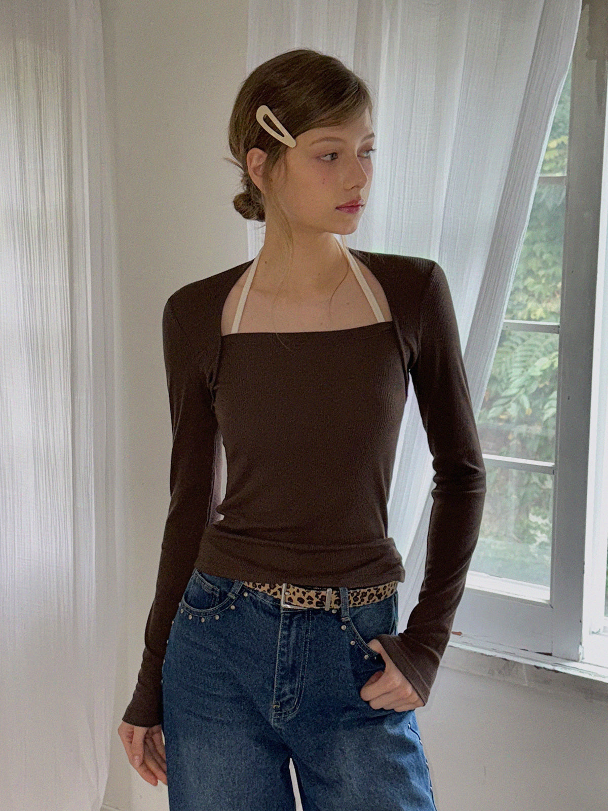 Vented Halter Contrast Strap Long-Sleeve T-Shirt