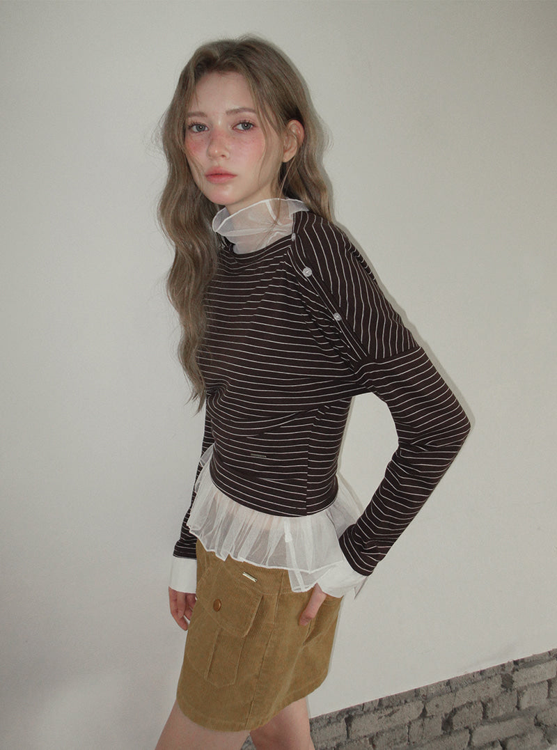TWEE Ribol shirt contrast button stripe long sleeve T-shirt | Product styling view 5
