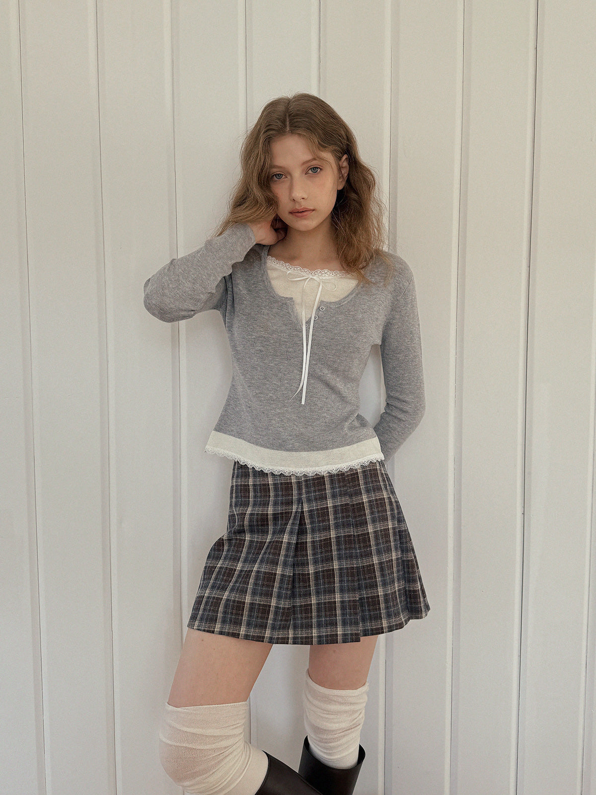 Tours Check Unbalance Pintuck Mini Skirt