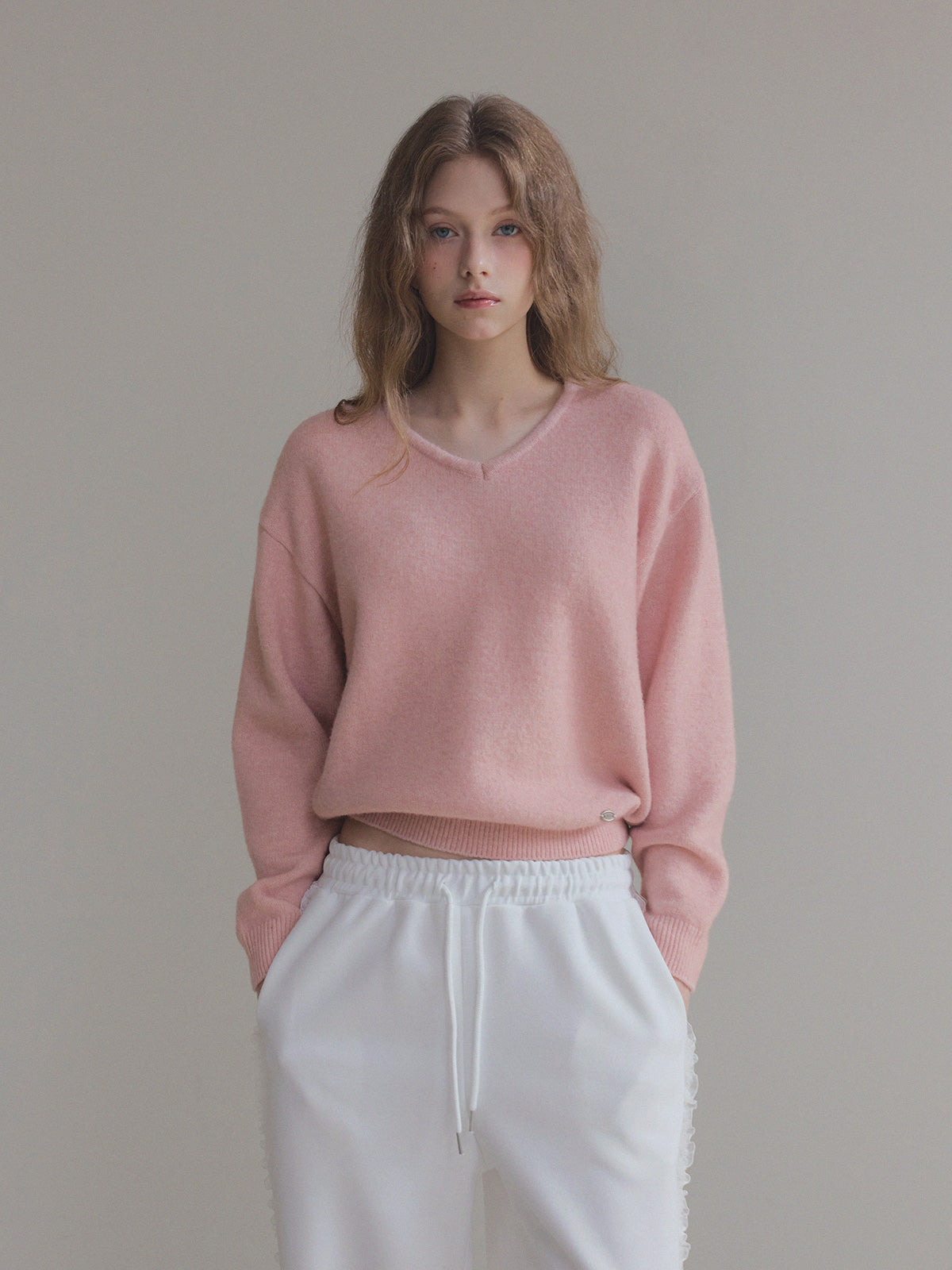 Twill Basic V-Neck Long Sleeve Knit