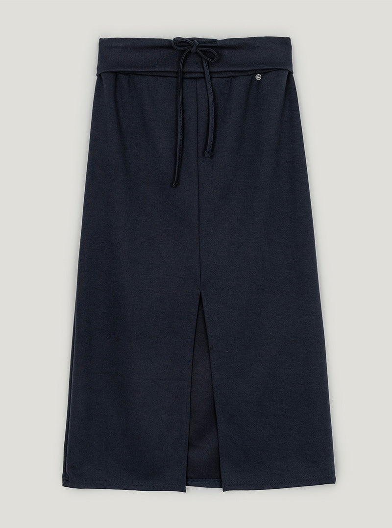 TWEE Tini folding front slit long skirt | Navy product-only view