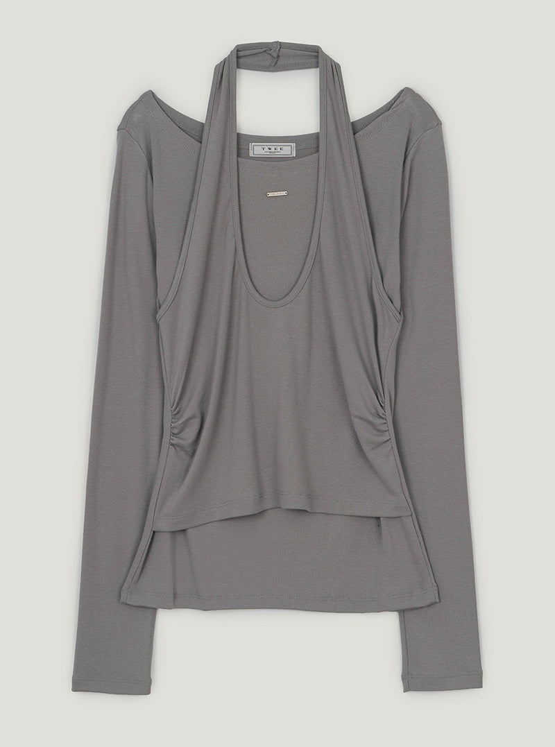 TWEE Pontis halter layered long sleeve T-shirt | Light gray product-only view