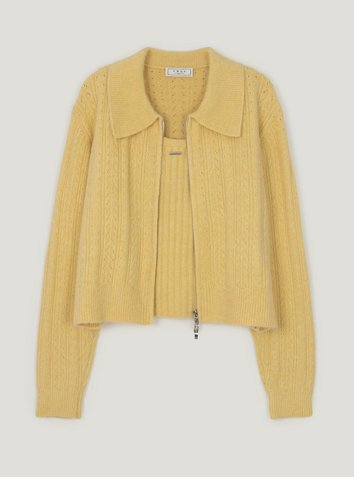 Ruffel sleeveless collar knit zip-up set | Yellow cutout