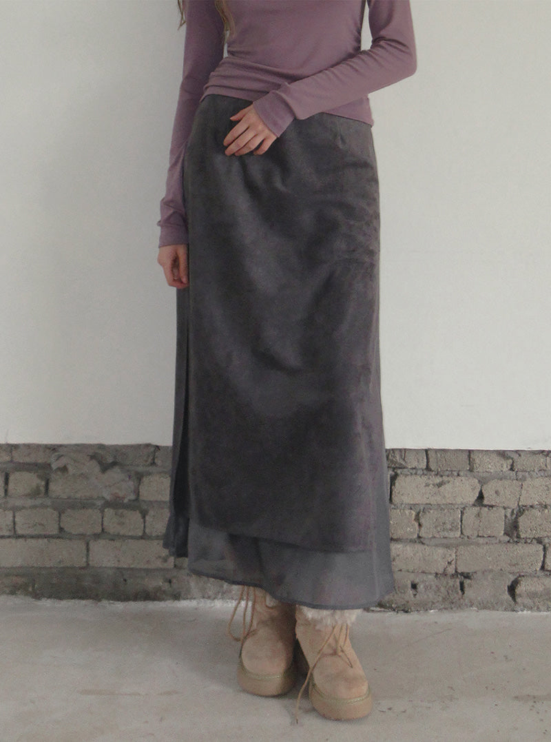 TWEE Benz organza layered suede long skirt | Product styling view 9