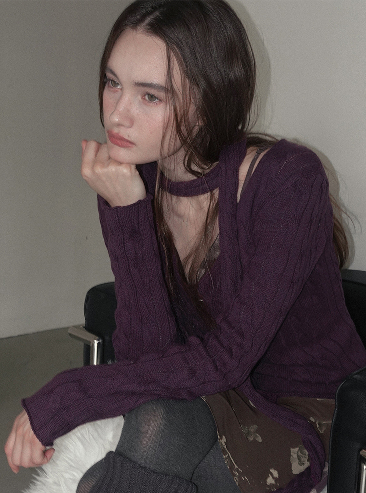 Sion cable V-neck long sleeve knit (muffler set) | View 3