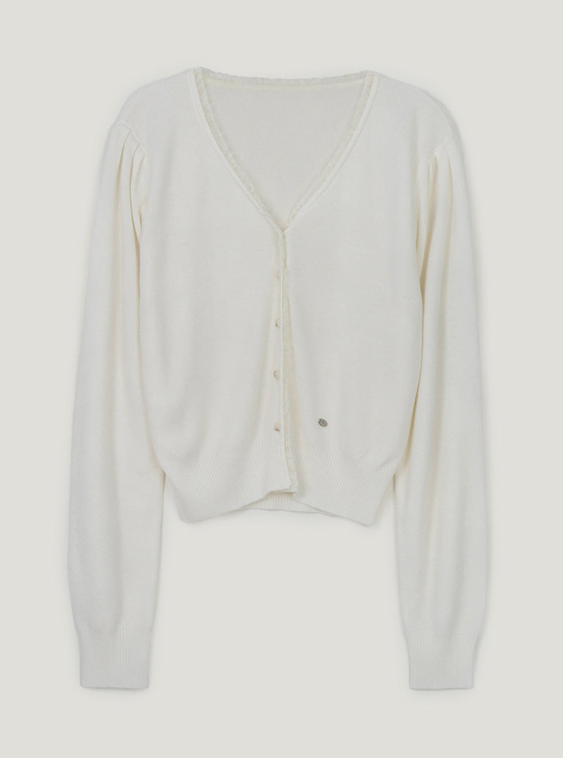 TWEE Derit lace layered V-neck knit long sleeve cardigan | Ivory product-only view