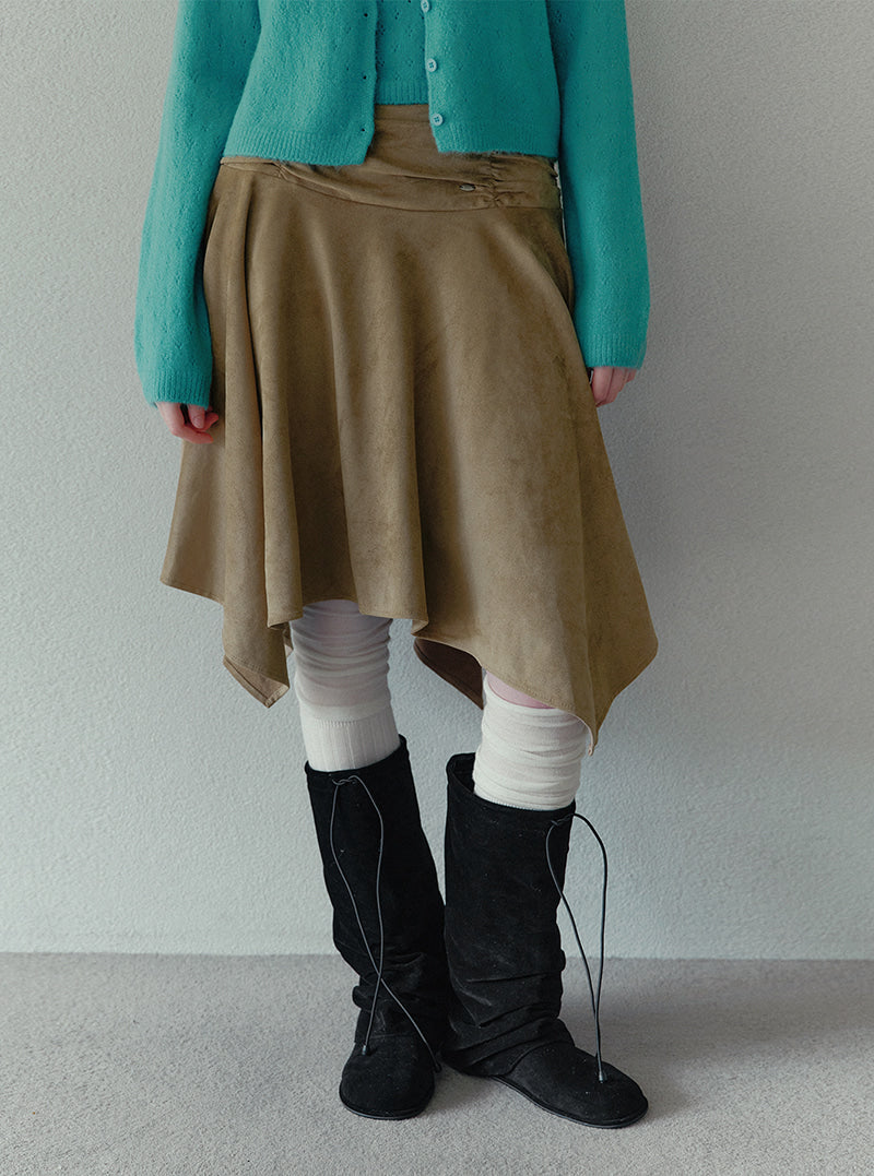 Tiz shirring suede asymmetric midi skirt | View 3