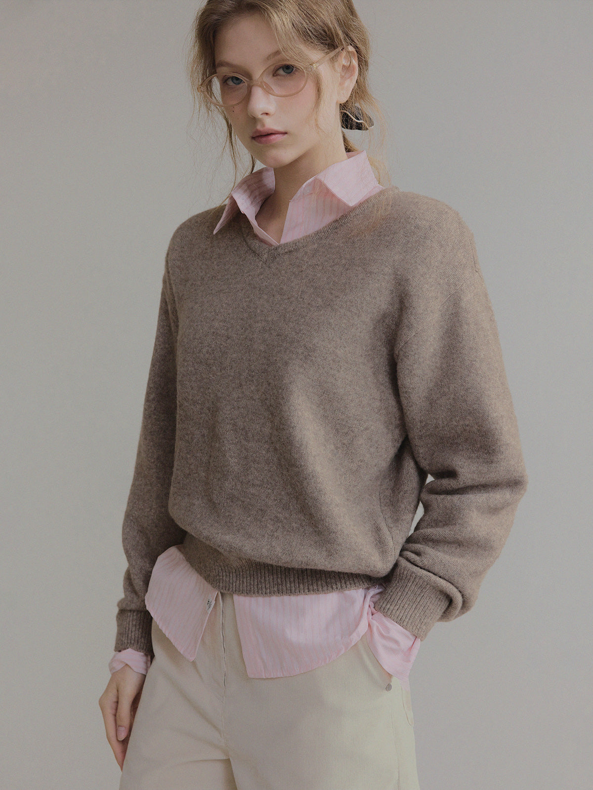 Twill Basic V-Neck Long Sleeve Knit