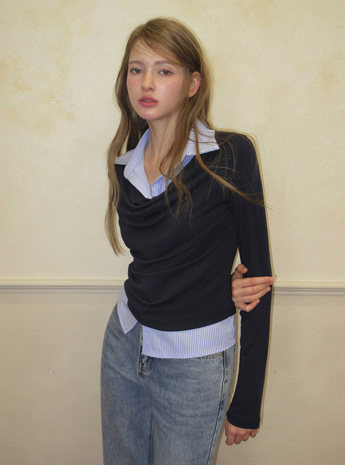 TWEE Ravi shirt contrast drape long sleeve T-shirt | Product styling view 7