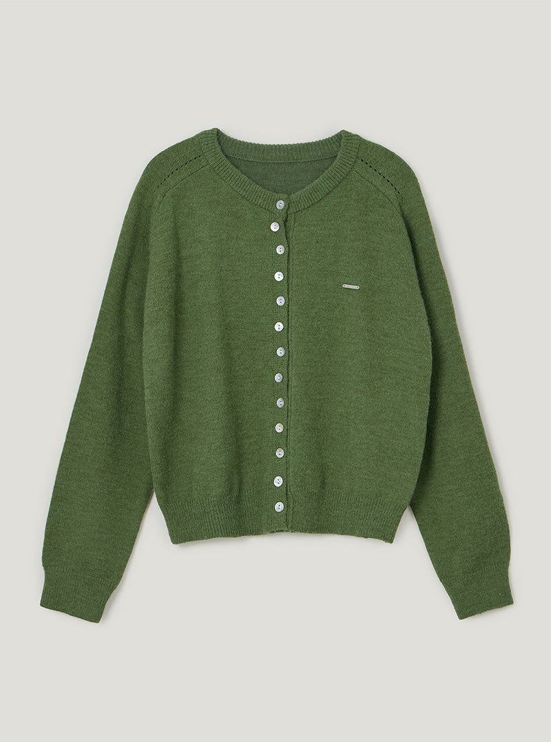 TWEE Ble round neck basic knit long sleeve cardigan | Green product-only view