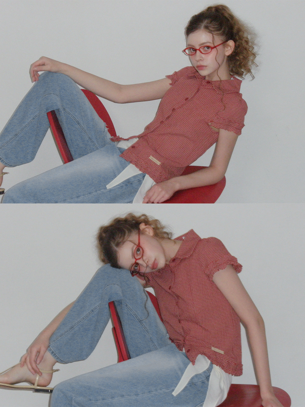 Roel check frill short sleeve blouse