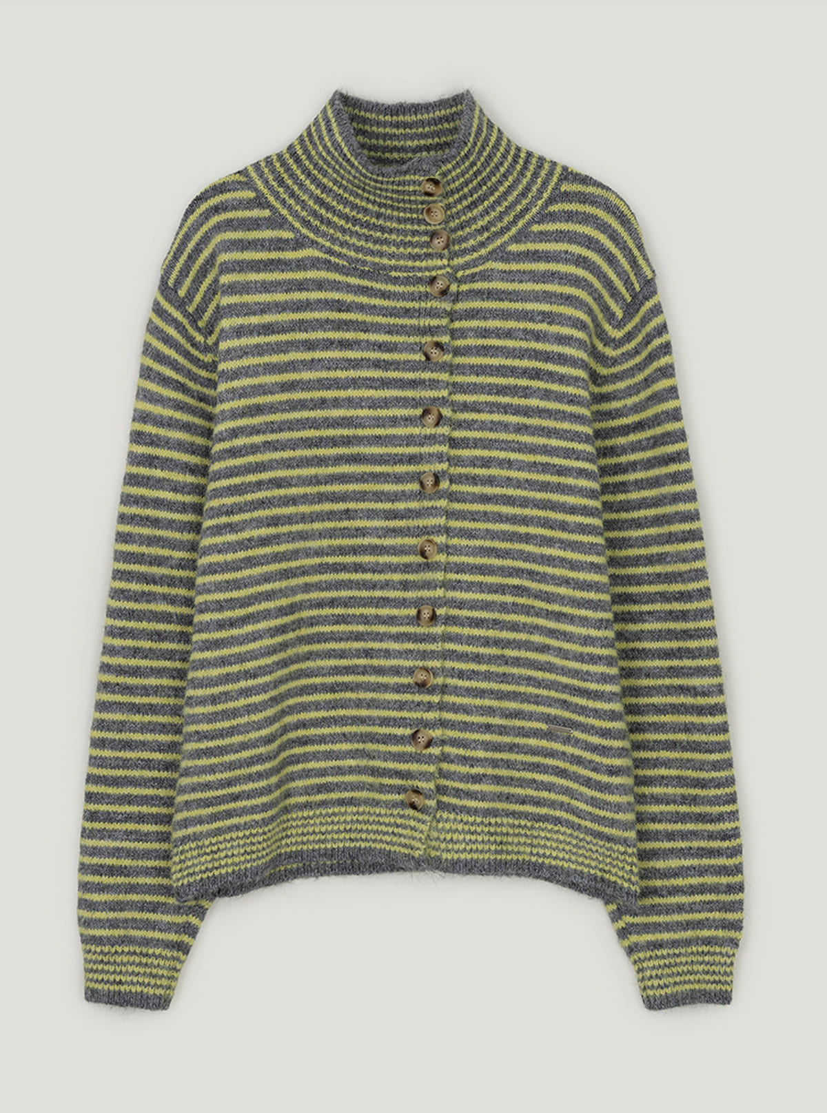 Rozin asymmetric button stripe knit long sleeve cardigan | Yellow cutout