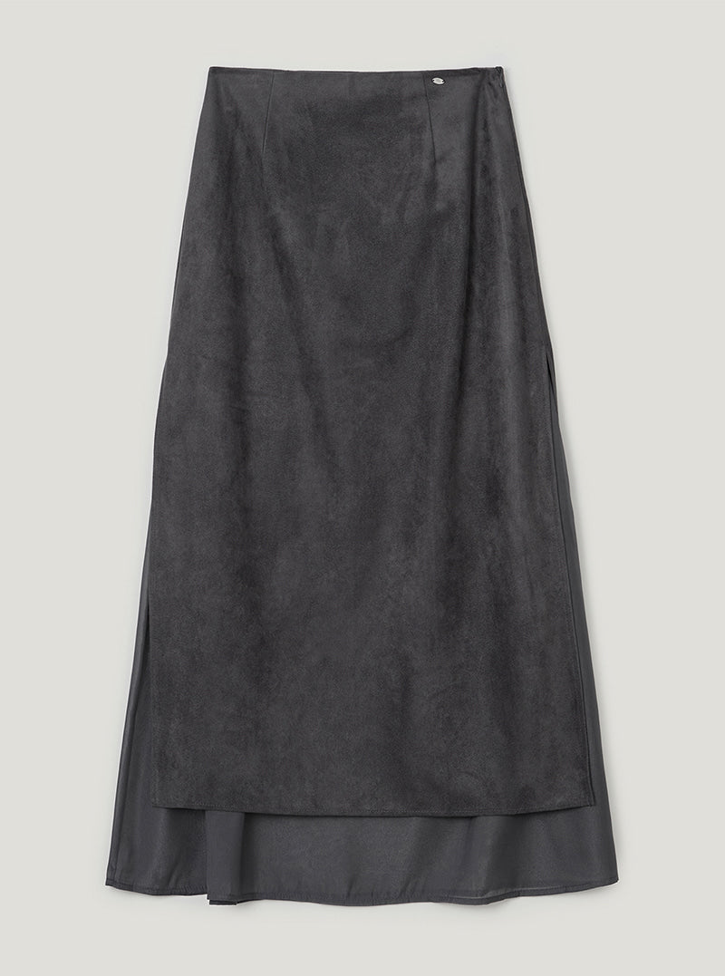TWEE Benz organza layered suede long skirt | Gray product-only view