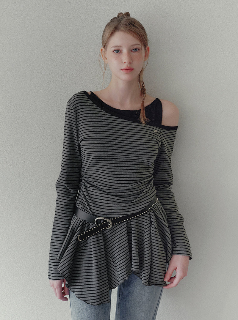 Billud one-shoulder stripe flare dress (belt set) | View 3