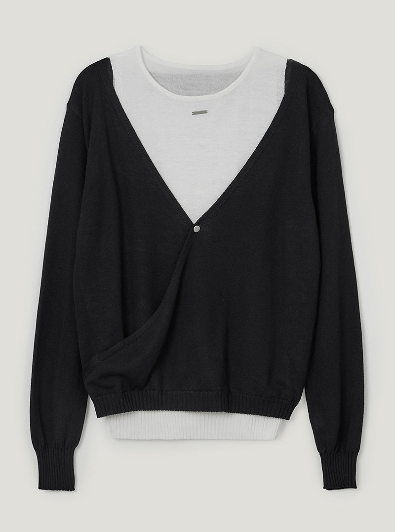 TWEE Koen deep V-neck wrap layered long sleeve knit | Black product-only view