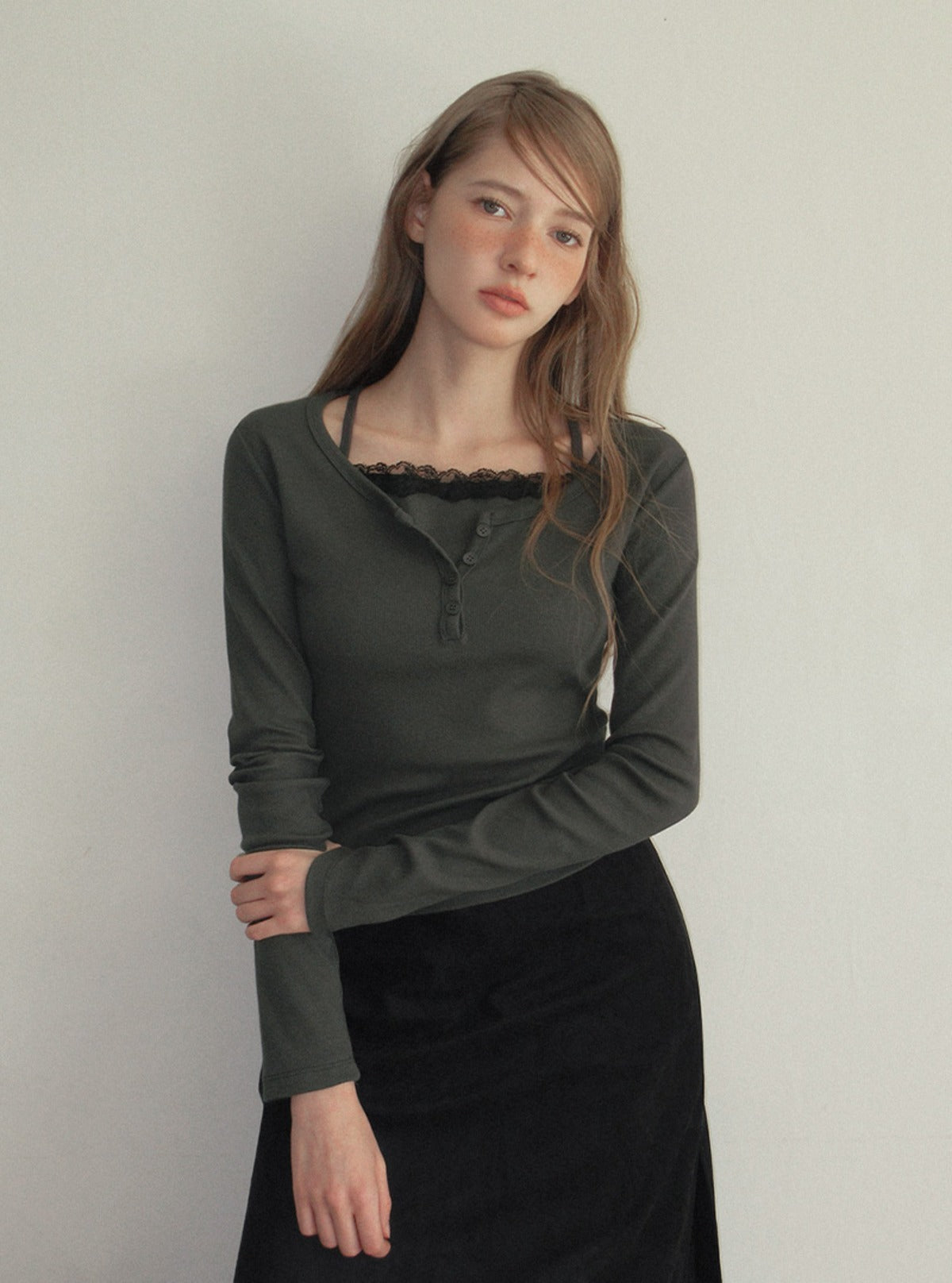 TWEE Martin lace contrast button long sleeve T-shirt | Main product image