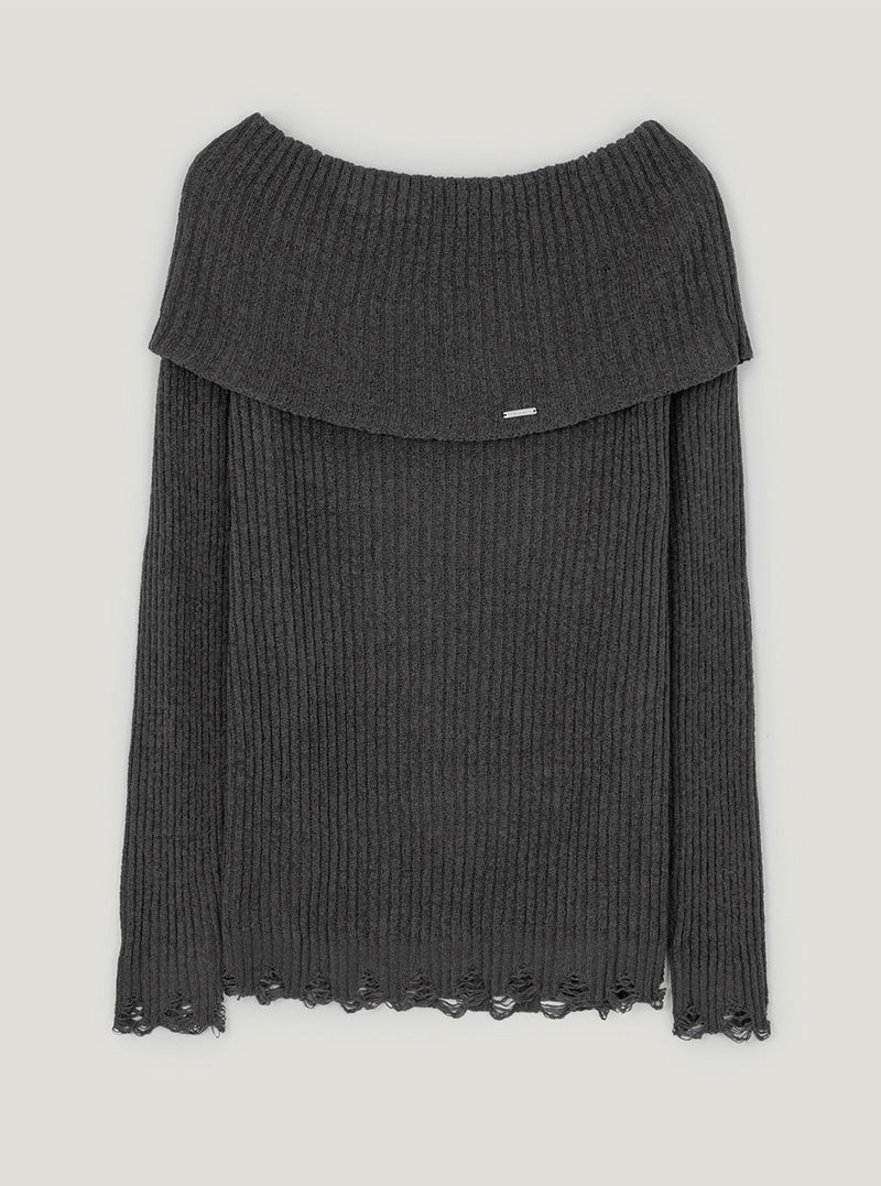 Kaen vintage distressed off-shoulder long sleeve knit | Charcoal cutout