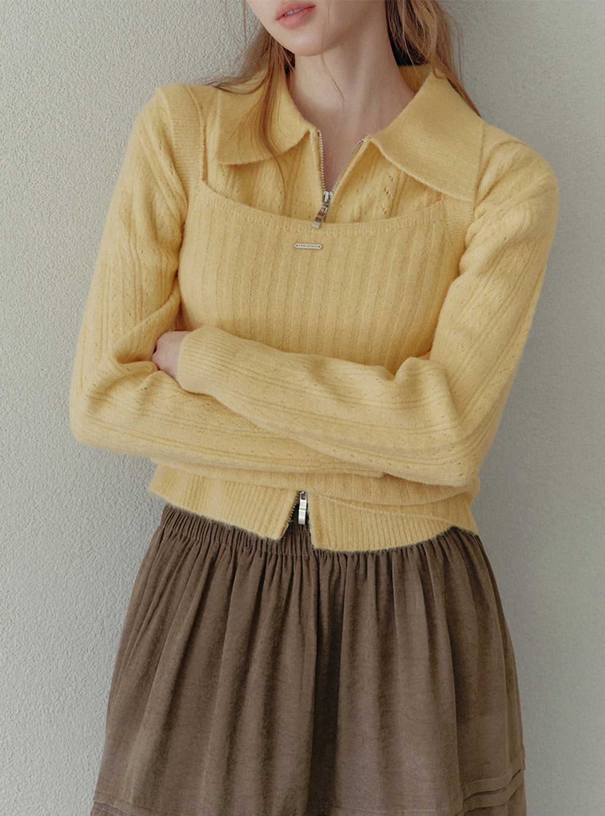 Ruffel sleeveless collar knit zip-up set | View 5