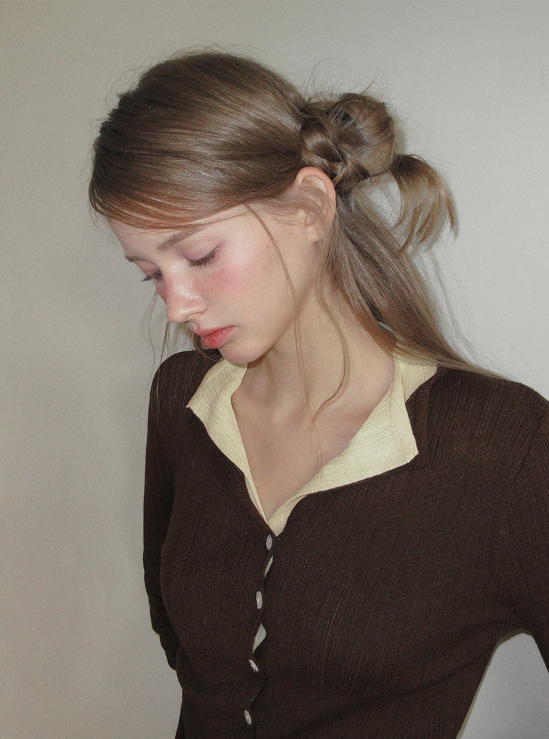 TWEE Rie basic ribbed knit long sleeve cardigan | Product styling view 6