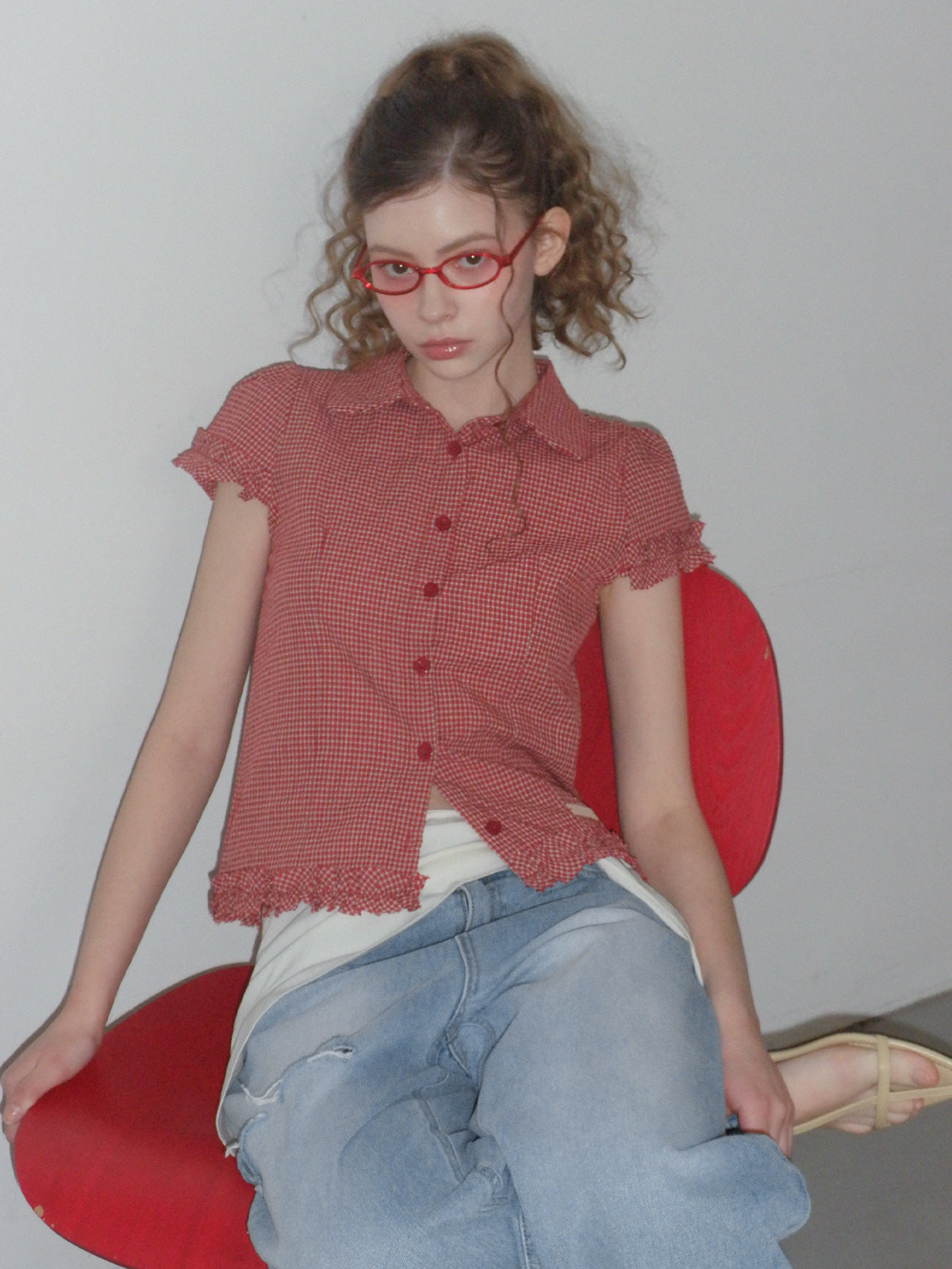 Roel check frill short sleeve blouse
