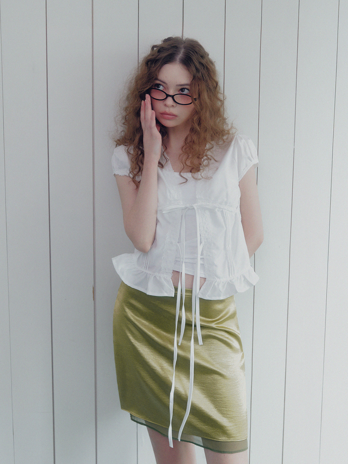Kino satin frill strap short sleeve blouse