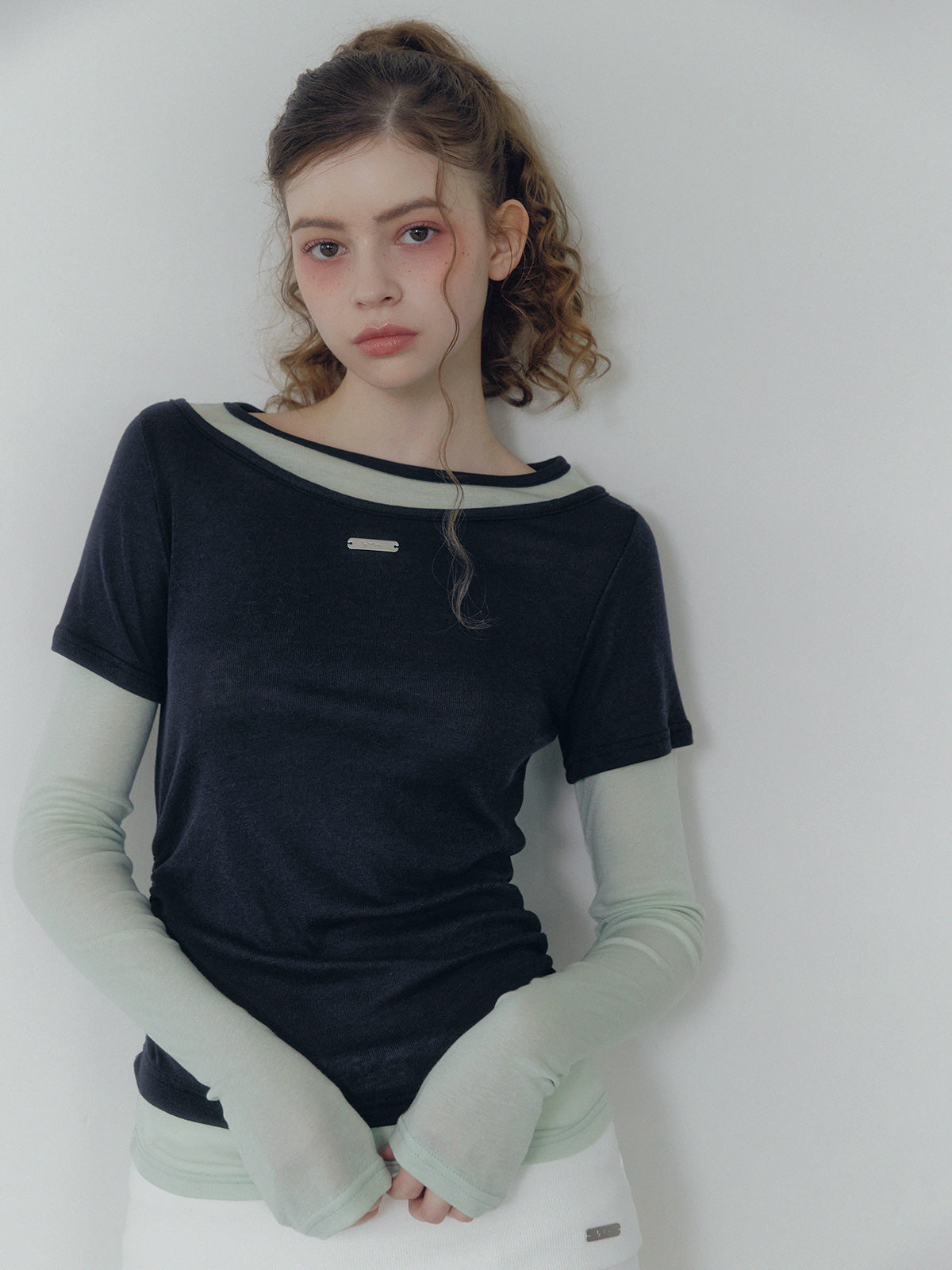 Lett contrast layered shirring long sleeve t-shirt