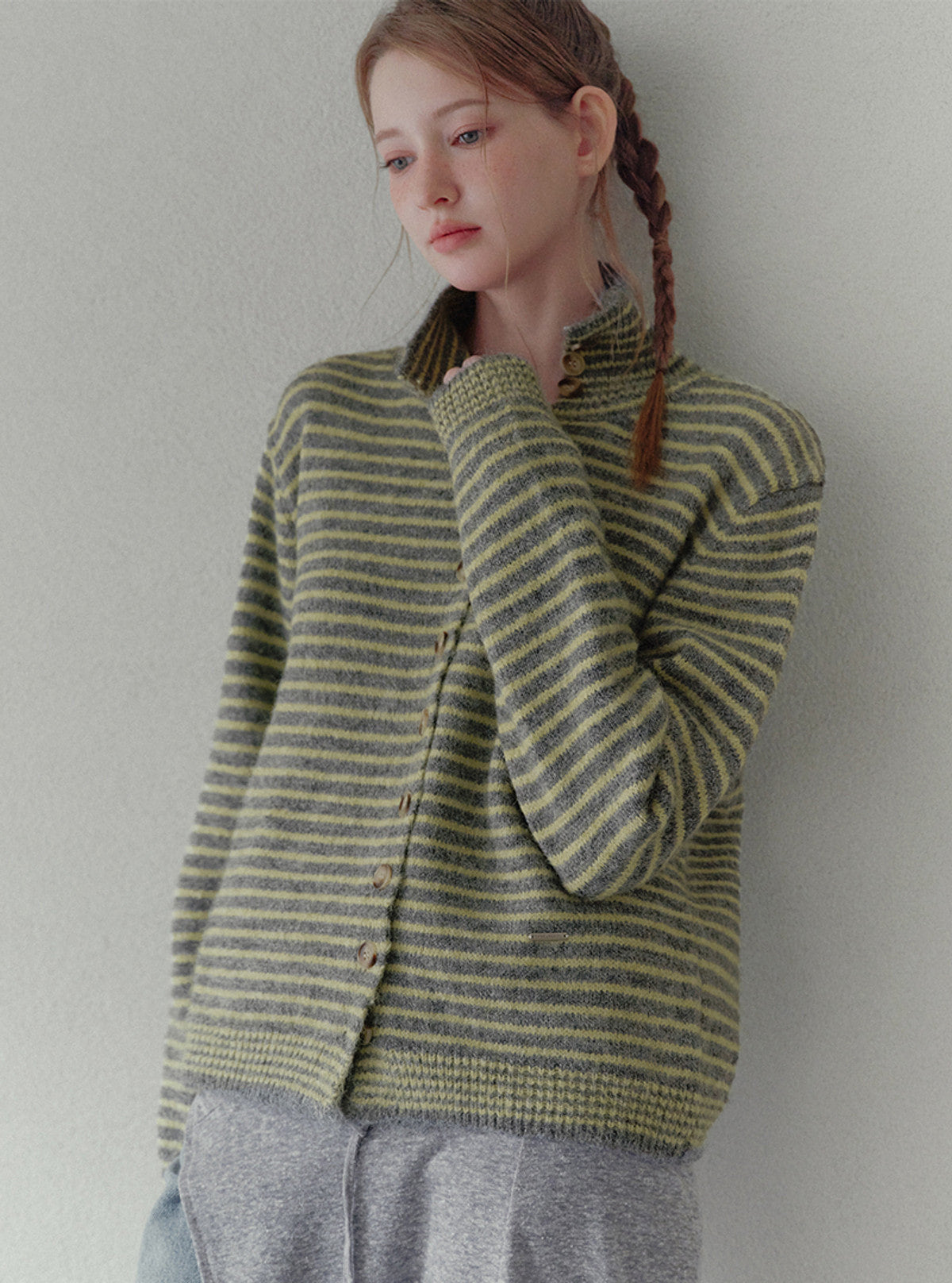 Rozin asymmetric button stripe knit long sleeve cardigan | View 11