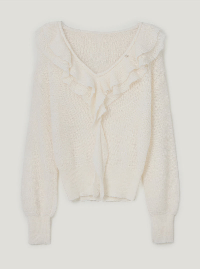 TWEE Torez ruffle V-neck long sleeve knit | Ivory product-only view