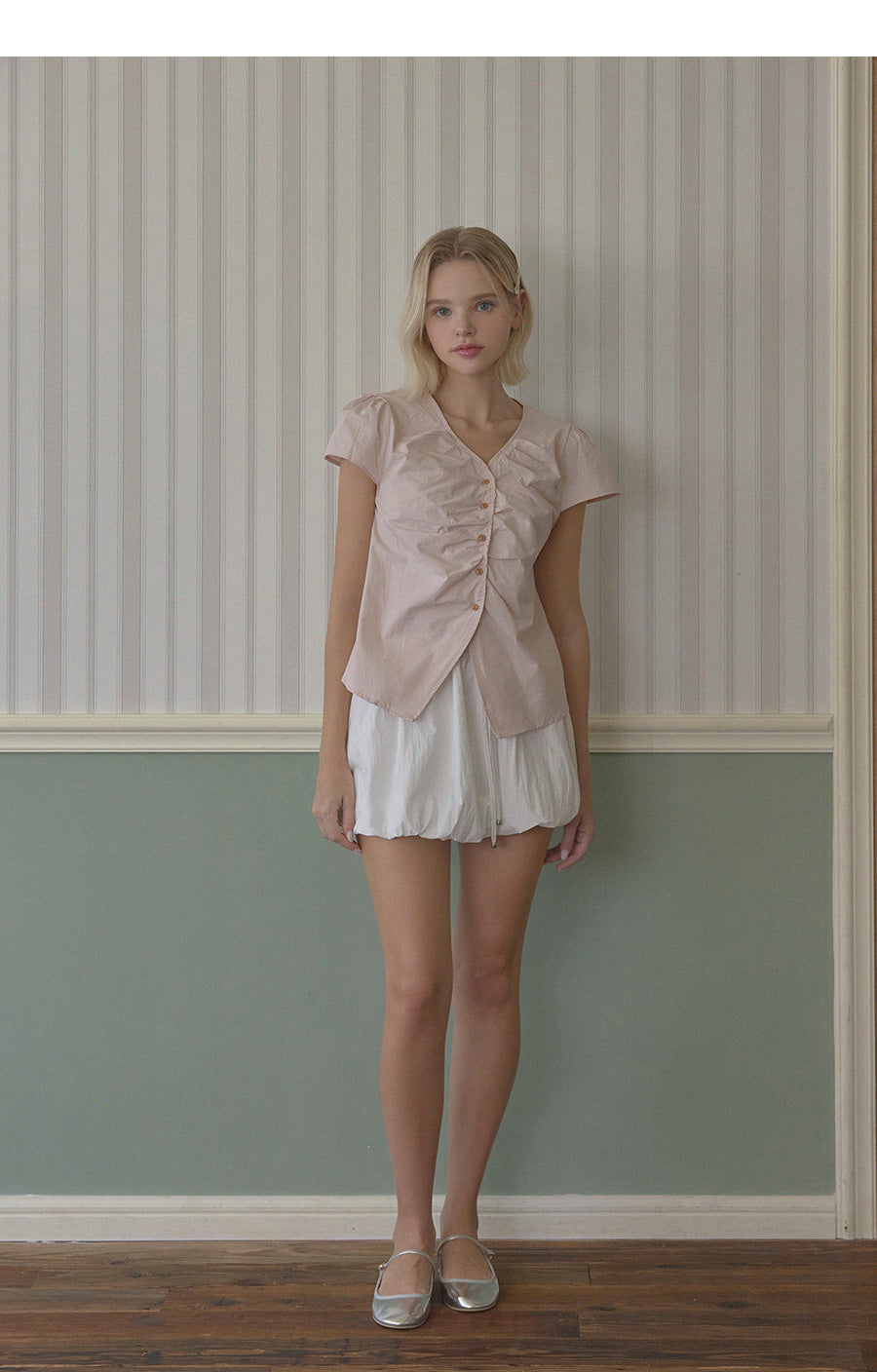 Witty Button Shirring Blouse