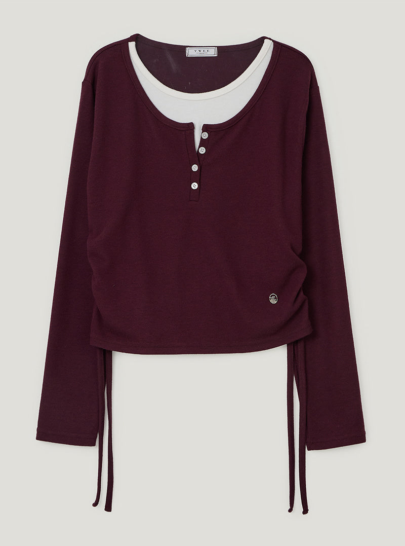 TWEE Epu layered shirring fleece long sleeve T-shirt | Wine product-only view