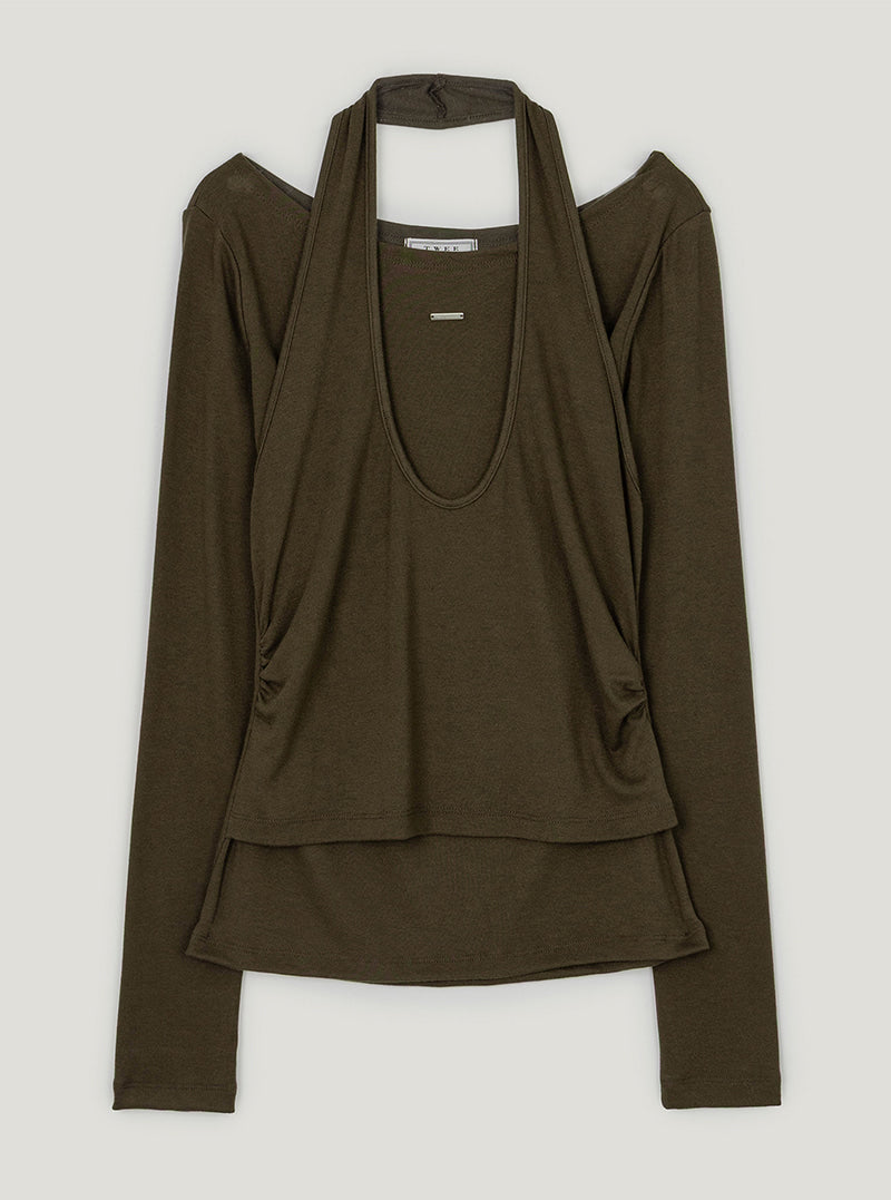 TWEE Pontis halter layered long sleeve T-shirt | Khaki product-only view