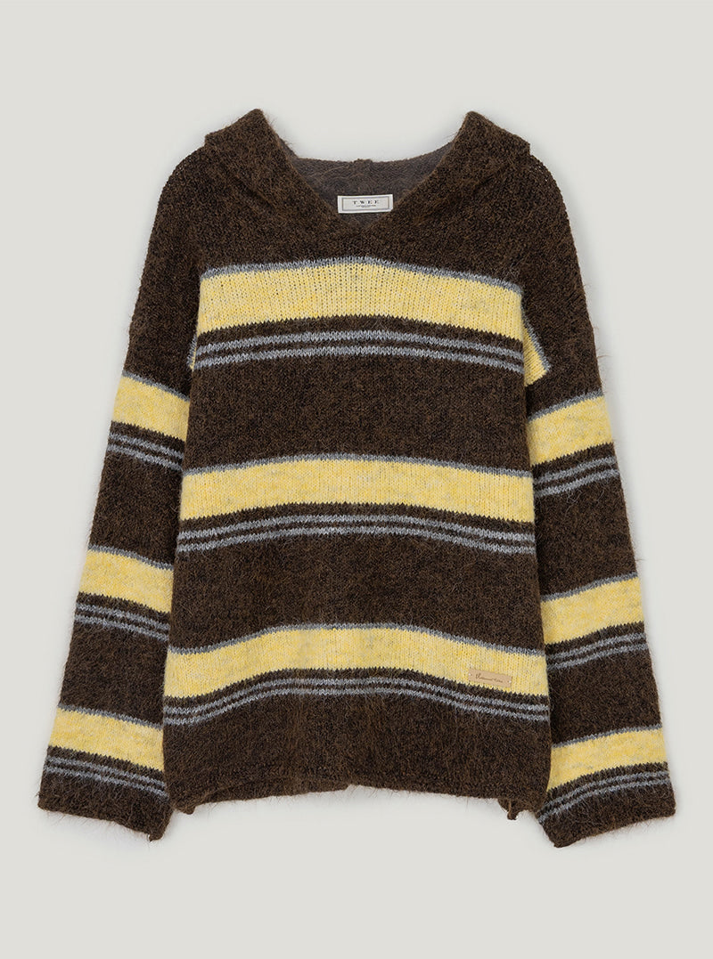 TWEE Cherit stripe oversized hood long sleeve knit | Brown product-only view