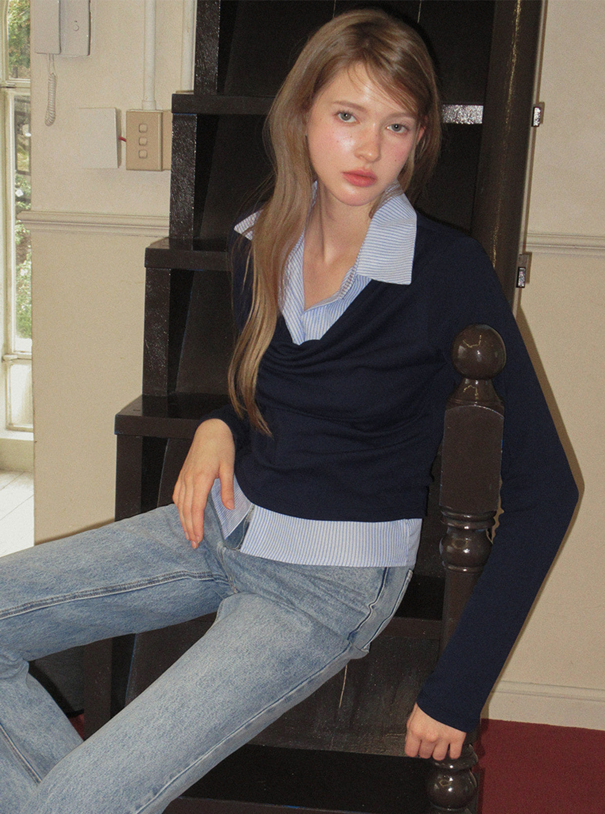 TWEE Ravi shirt contrast drape long sleeve T-shirt | Product styling view 10
