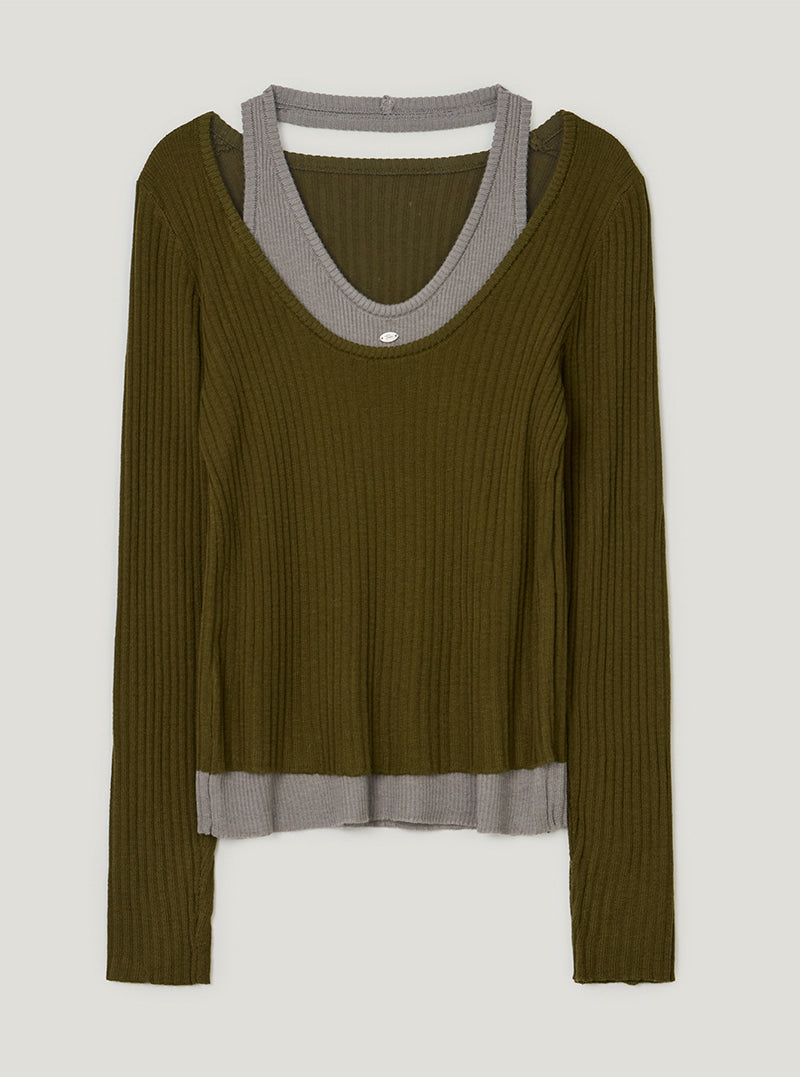 TWEE Kellon halter layered long sleeve knit | Olive product-only view