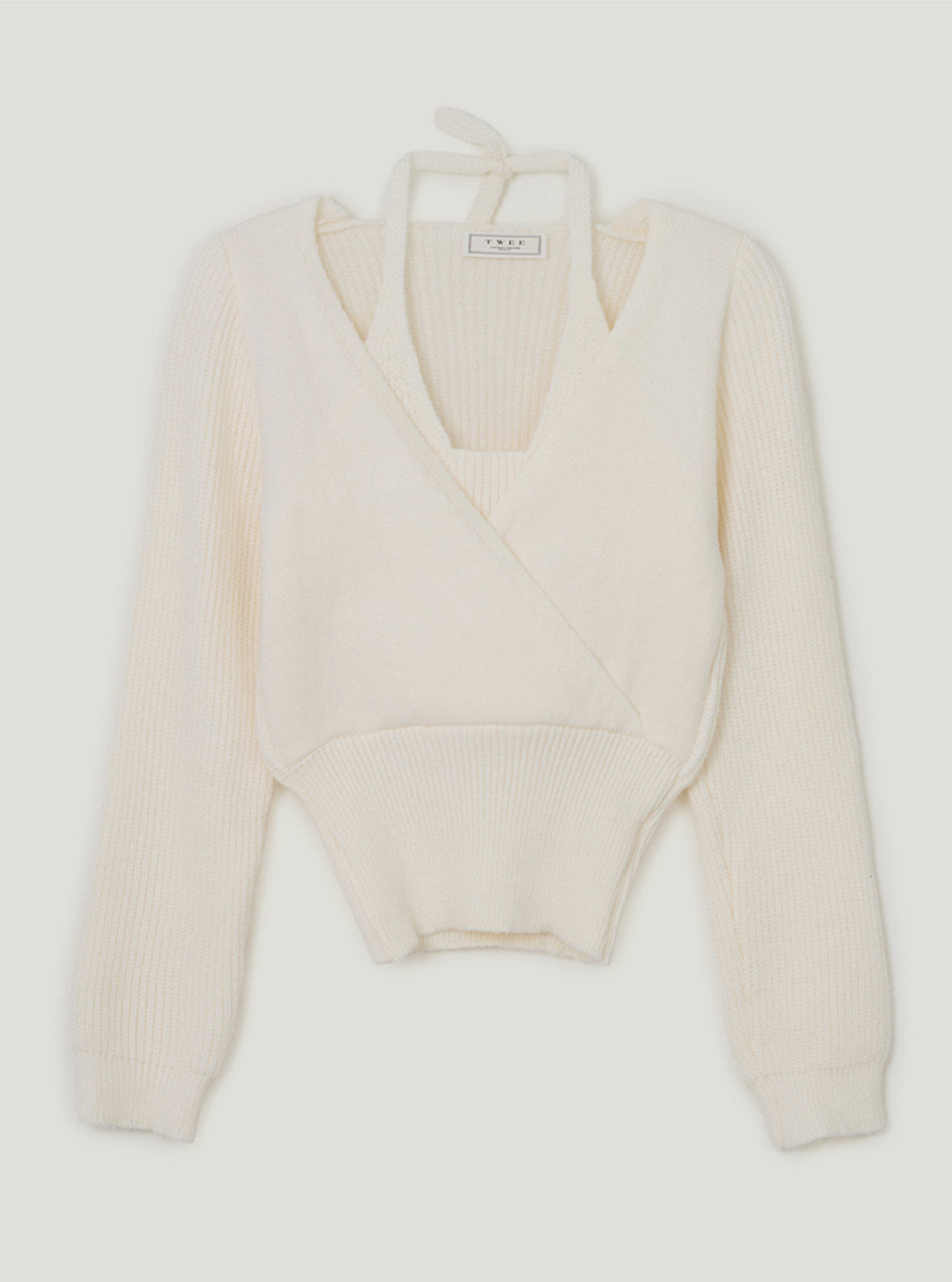 TWEE Tia halter layered wrap long sleeve knit | Ivory product-only view