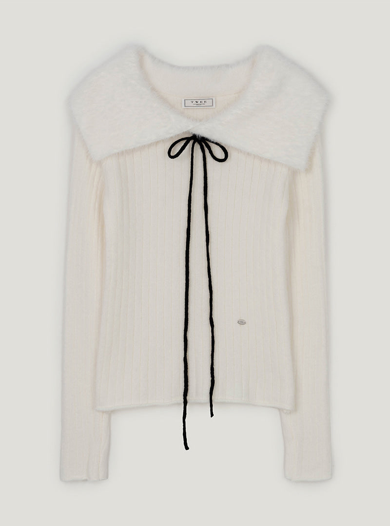 Bins fur contrast off-shoulder strap long sleeve knit | Ivory cutout