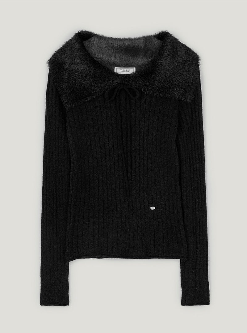 Bins fur contrast off-shoulder strap long sleeve knit | Black cutout