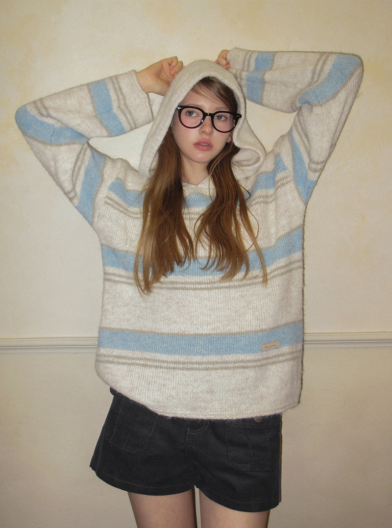 TWEE Cherit stripe oversized hood long sleeve knit | Product styling view 3
