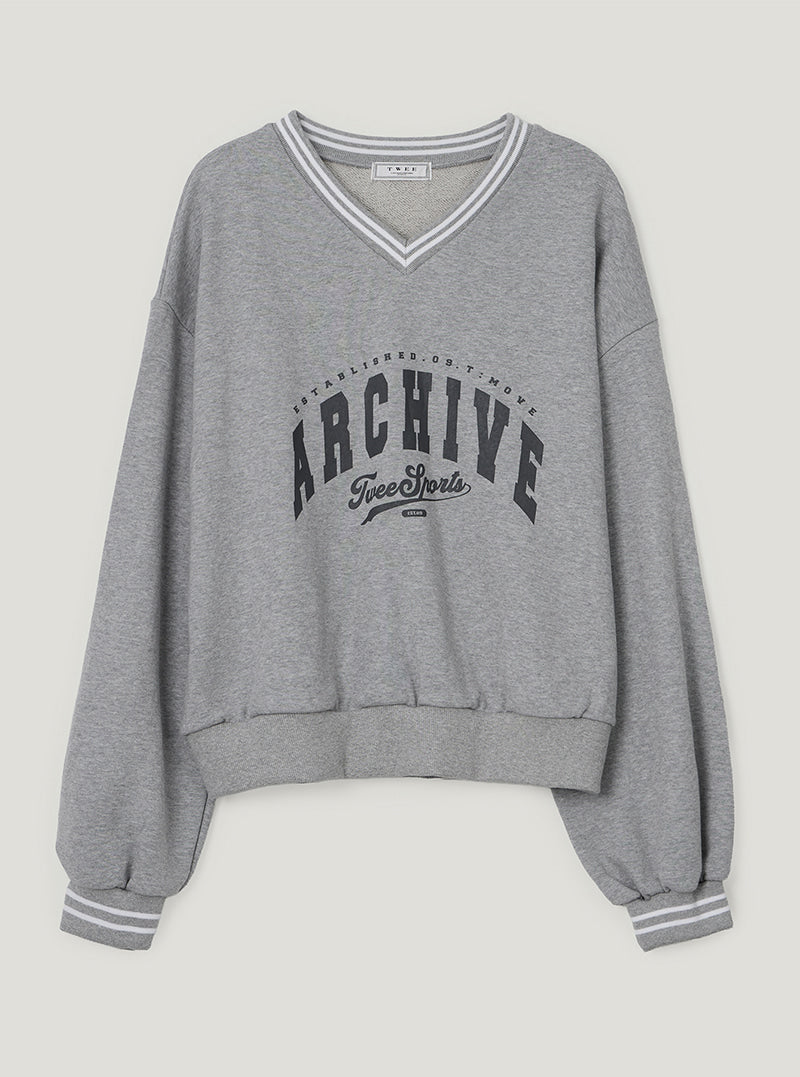 TWEE Perat archive V-neck contrast long sleeve sweatshirt | Gray product-only view