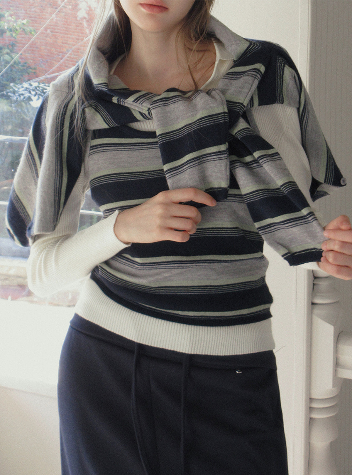 TWEE Curvin wide stripe sleeveless cardigan set | Product styling view 5