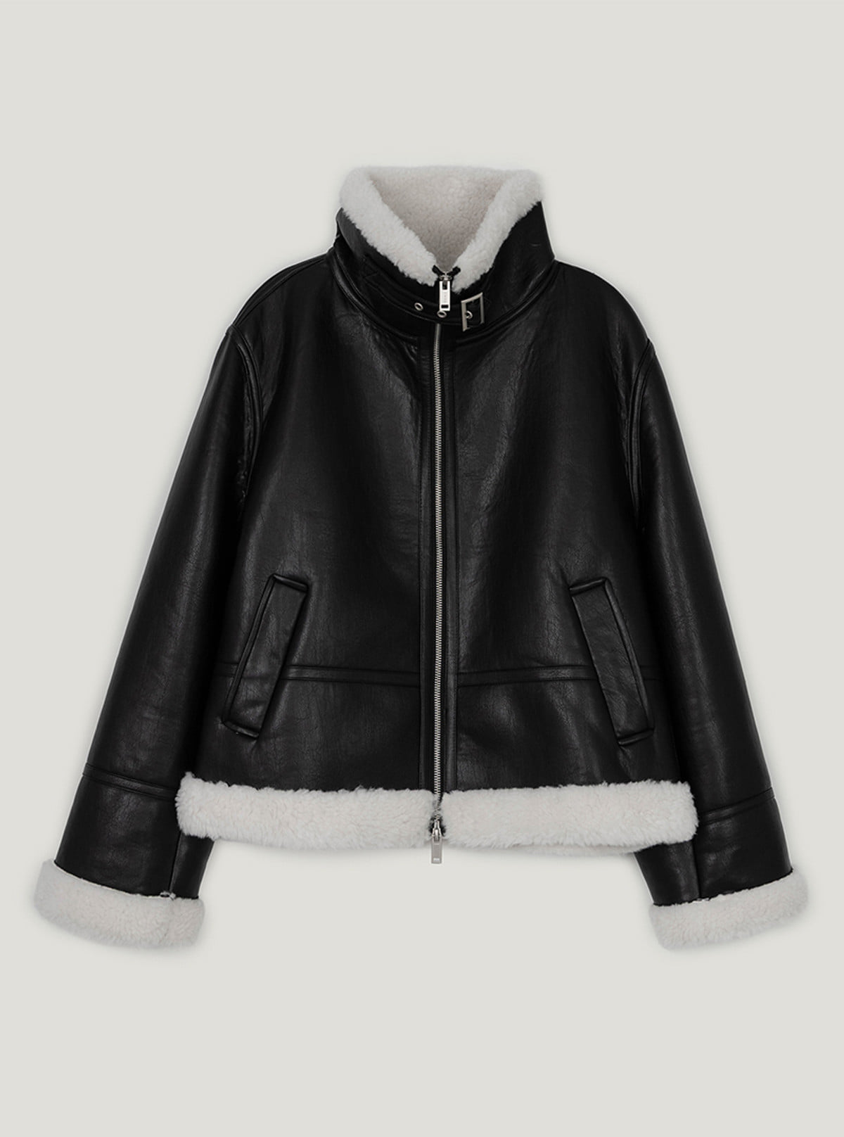 Zelto basic high-neck faux leather shearling jacket | Black cutout