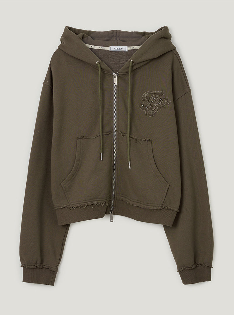 TWEE Revet stud hood zip-up | Khaki product-only view