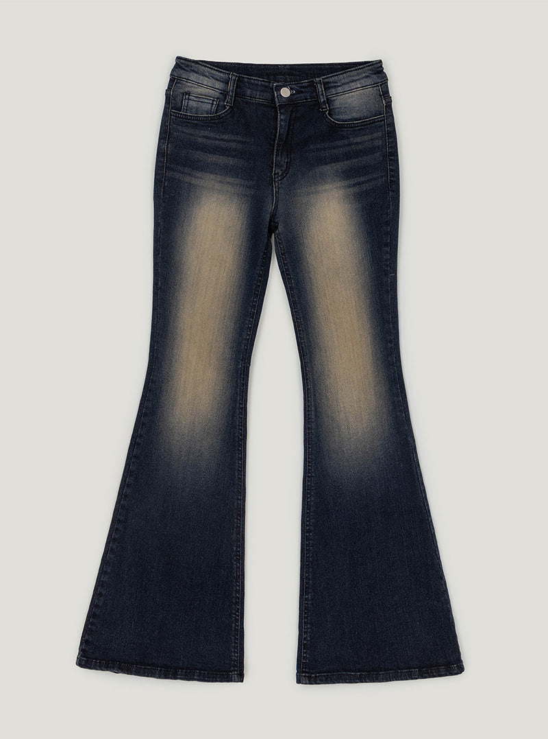 Beulke vintage washed bootcut long denim pants | Dark blue cutout
